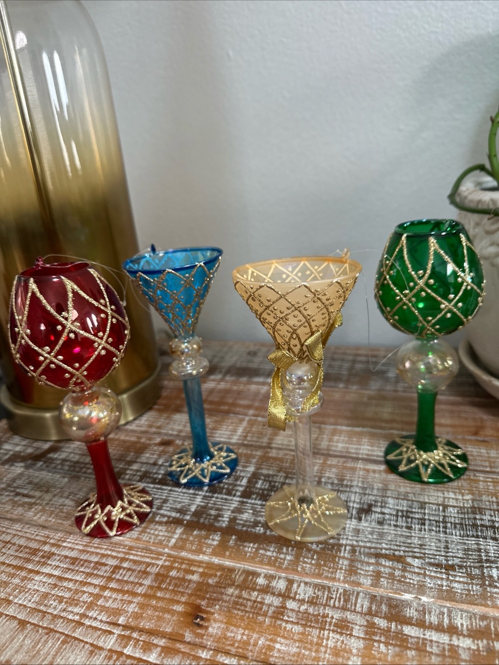 4 Venetian-Style Glass Goblet Christmas Ornament Raised Gold Lattice Vintage
